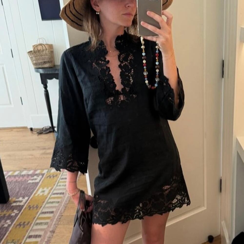 NWT Doen Roselie Linen Lace Crochet Collar 3/4 Sleeve Tunic Mini Dress Black - Picture 1 of 16